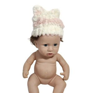 RbG 46-1 Sweet Preemie Baby Doll Realistic Brown Hair Blue Eyes with Beanie FLAW